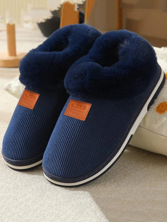 Men Letter Patch Decor Teddy Lined Slipper Boots Indoor Slip On House Shoes