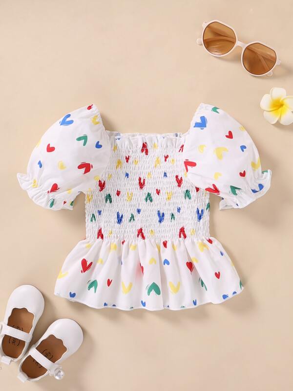 SHEIN Kids EVRYDAY Toddler Girls Heart Print Puff Sleeve Shirred Peplum Blouse