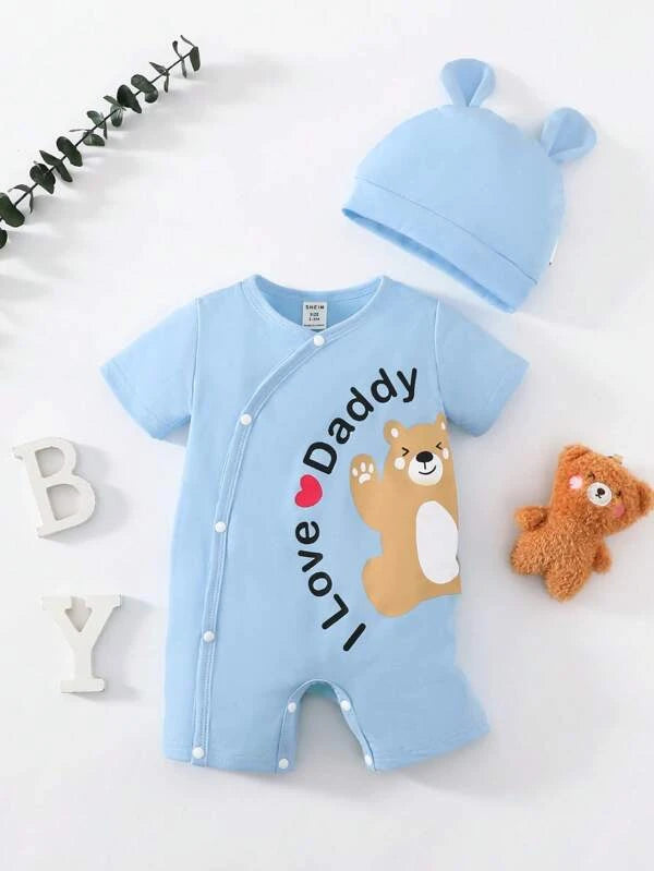 Newborn Baby Bear & Slogan Graphic Romper & Hat