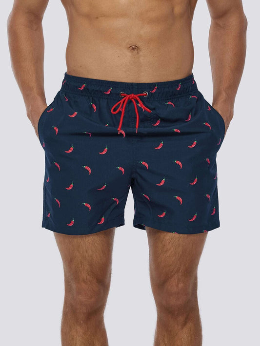 Men Chili Print Drawstring Waist Swim Trunks