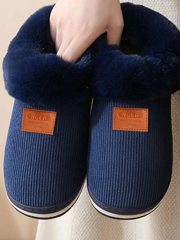 Men Letter Patch Decor Teddy Lined Slipper Boots Indoor Slip On House Shoes