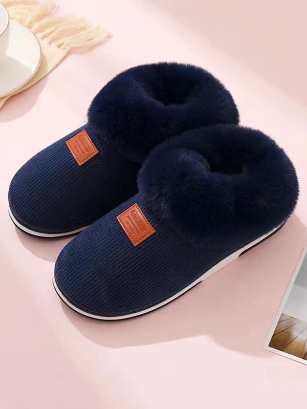 Men Letter Patch Decor Teddy Lined Slipper Boots Indoor Slip On House Shoes