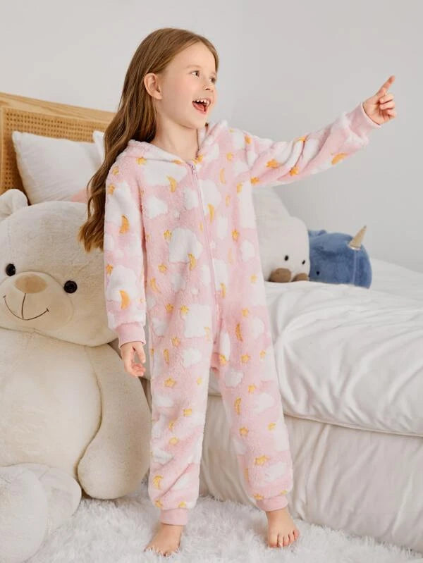 Toddler Girls Star & Clouds Pattern Hooded Flannel Sleep Jumpsuit