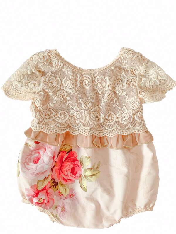 Infant Girls' Lace Open-back Romper With Floral Print, Soft And Comfortable Material Suitable For Newborn Photography And Daily Wear