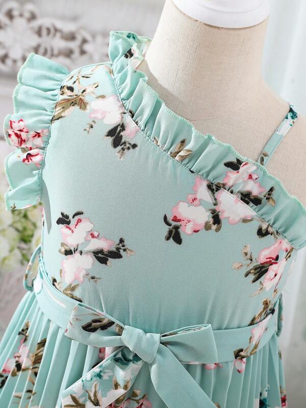 Young Girls' Elegant Mint Green Sloping Shoulders Floral Pattern Princess Dress, Perfect For Beach Vacation In Summer