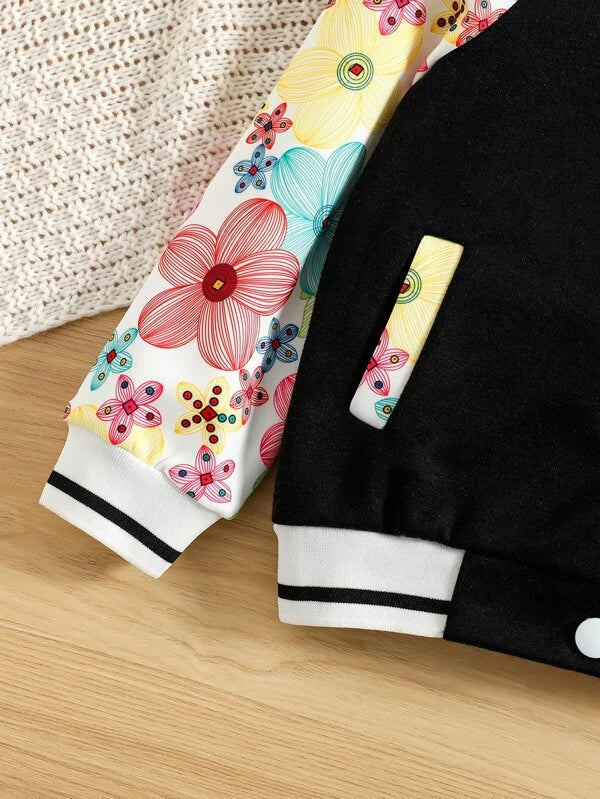 Toddler Girls Floral Print Raglan Sleeve Varsity Jacket