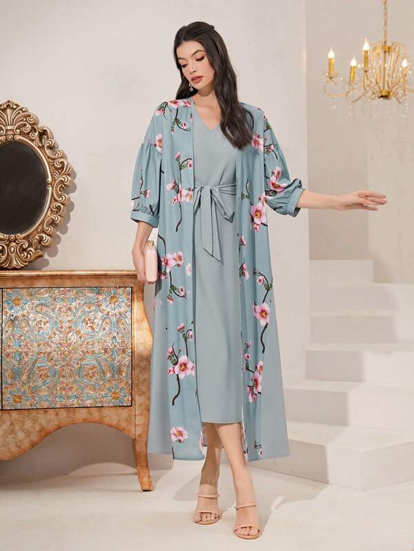 SHEIN Najma Floral Print Belted Abaya Set