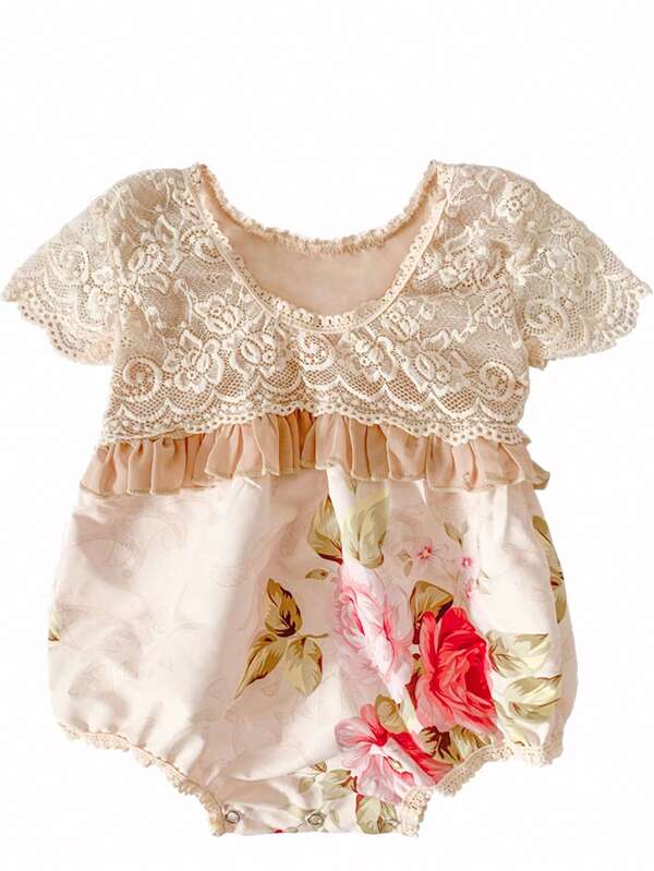 Infant Girls' Lace Open-back Romper With Floral Print, Soft And Comfortable Material Suitable For Newborn Photography And Daily Wear