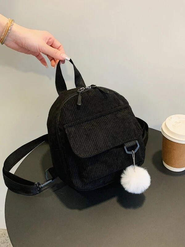 Mini Solid Corduroy Backpack With Bag Charm