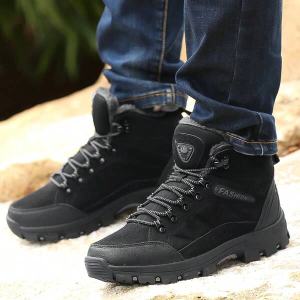 Men's Winter Outdoor Plus Velvet Boots, Mid-top Anti-slip Mountaineering Hiking Shoes Sports Snow Boots