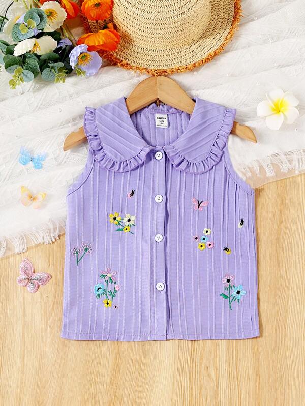 Young Girl Floral Embroidery Peter Pan Collar Sleeveless Shirt