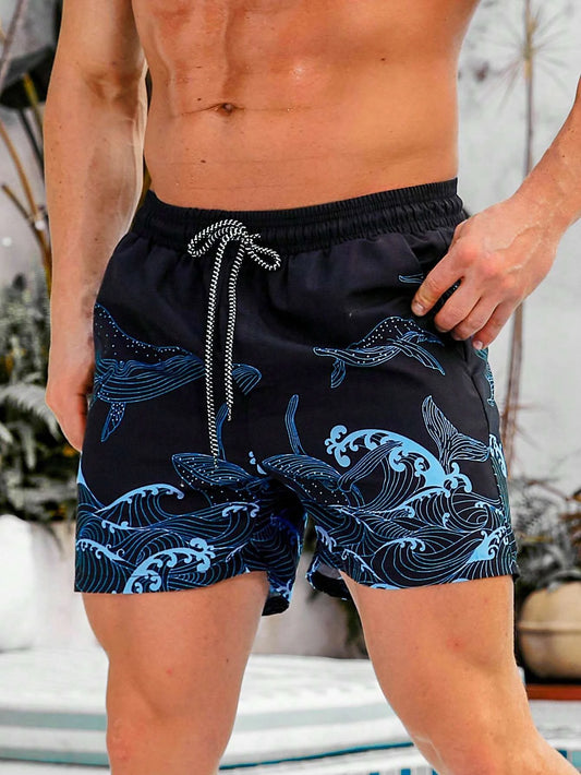 Men Wave Print Drawstring Waist Swim Trunks