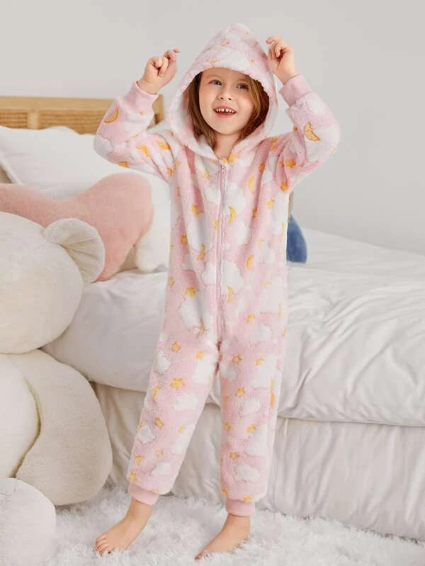 Toddler Girls Star & Clouds Pattern Hooded Flannel Sleep Jumpsuit
