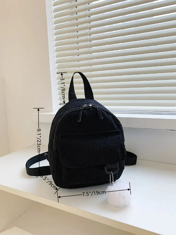 Mini Solid Corduroy Backpack With Bag Charm