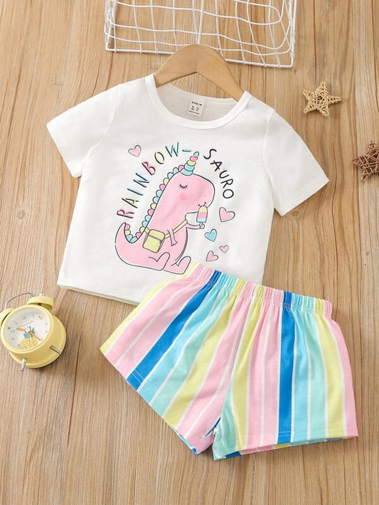 Toddler Girls Cartoon & Colorful Striped Print PJ Set