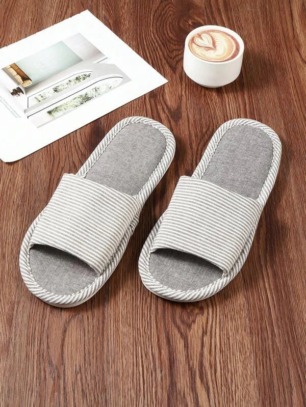 Men Striped Pattern Slippers, Indoor Linen Bedroom Slippers