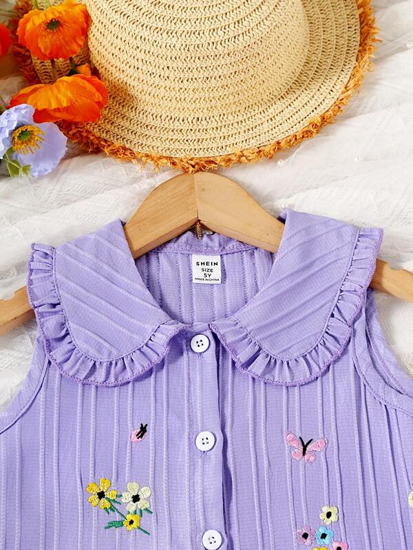 Young Girl Floral Embroidery Peter Pan Collar Sleeveless Shirt