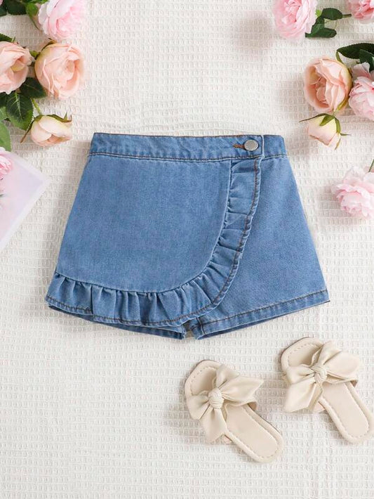 SHEIN Kids EVRYDAY Toddler Girls Ruffle Trim Denim Skort