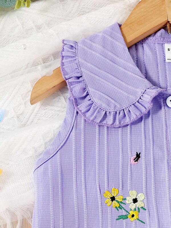 Young Girl Floral Embroidery Peter Pan Collar Sleeveless Shirt