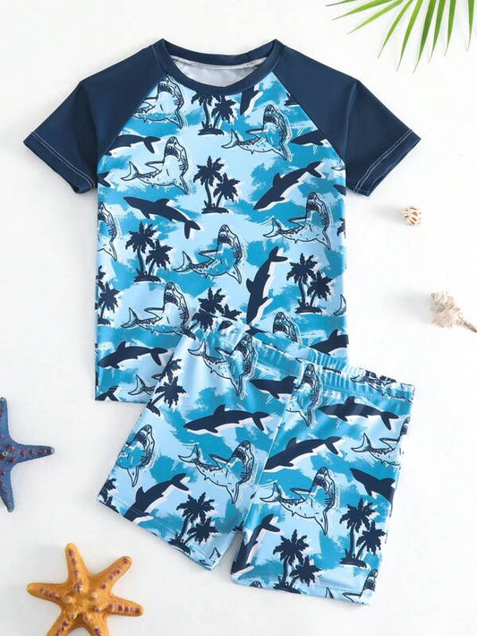 Little Boys' Summer Anti-uv Swimwear 2pcs Short Sleeve Swim Shirt & Shorts Set With Cute Shark Print