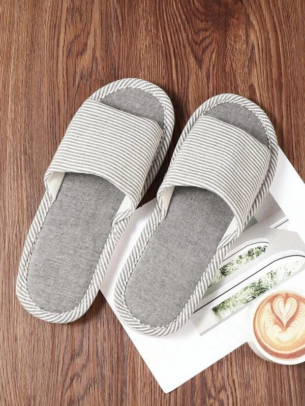 Men Striped Pattern Slippers, Indoor Linen Bedroom Slippers