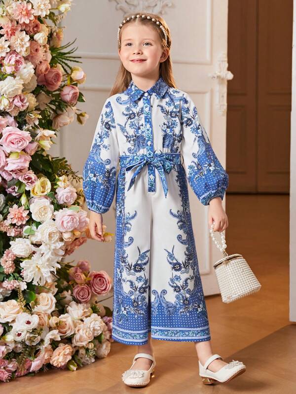 SHEIN Toddler Girls Floral Print Lantern Sleeve Belted Shirt Jumpsuit