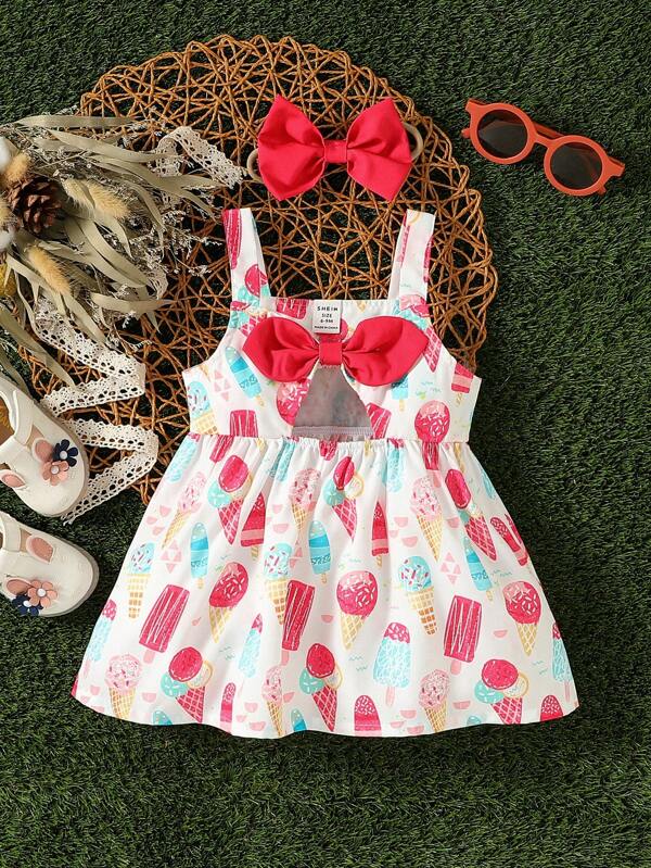 Baby Ice-cream Print Bow Front Cut Out Cami Dress