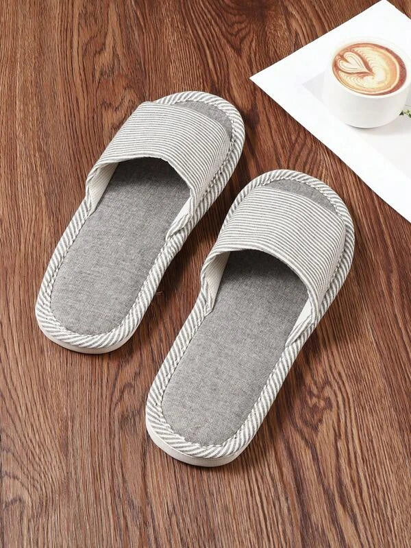 Men Striped Pattern Slippers, Indoor Linen Bedroom Slippers