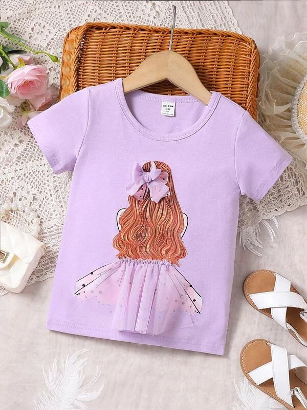 Toddler Girls Figure Graphic Contrast Mesh Appliques Tee