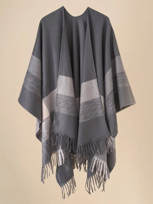 Plaid Pattern Fringe Hem Shawl