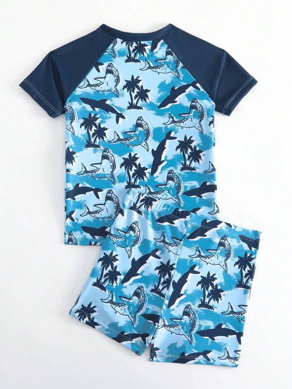 Little Boys' Summer Anti-uv Swimwear 2pcs Short Sleeve Swim Shirt & Shorts Set With Cute Shark Print