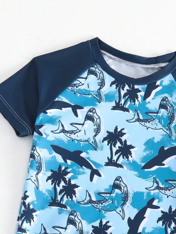 Little Boys' Summer Anti-uv Swimwear 2pcs Short Sleeve Swim Shirt & Shorts Set With Cute Shark Print