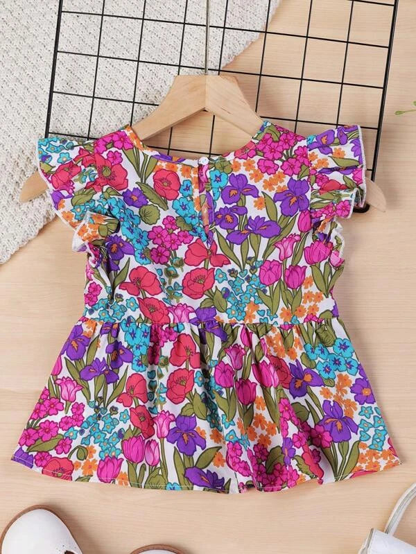 SHEIN Kids SUNSHNE Toddler Girls Floral Print Ruffle Trim Peplum Blouse