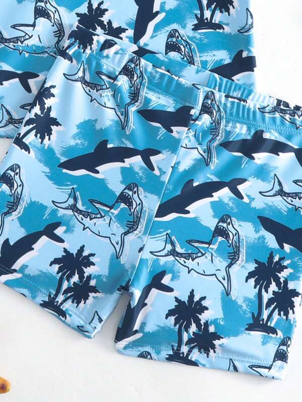 Little Boys' Summer Anti-uv Swimwear 2pcs Short Sleeve Swim Shirt & Shorts Set With Cute Shark Print