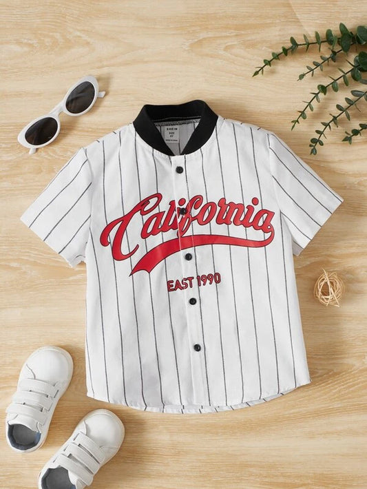 Toddler Boys Striped & Letter Graphic Baseball Collar Shirt