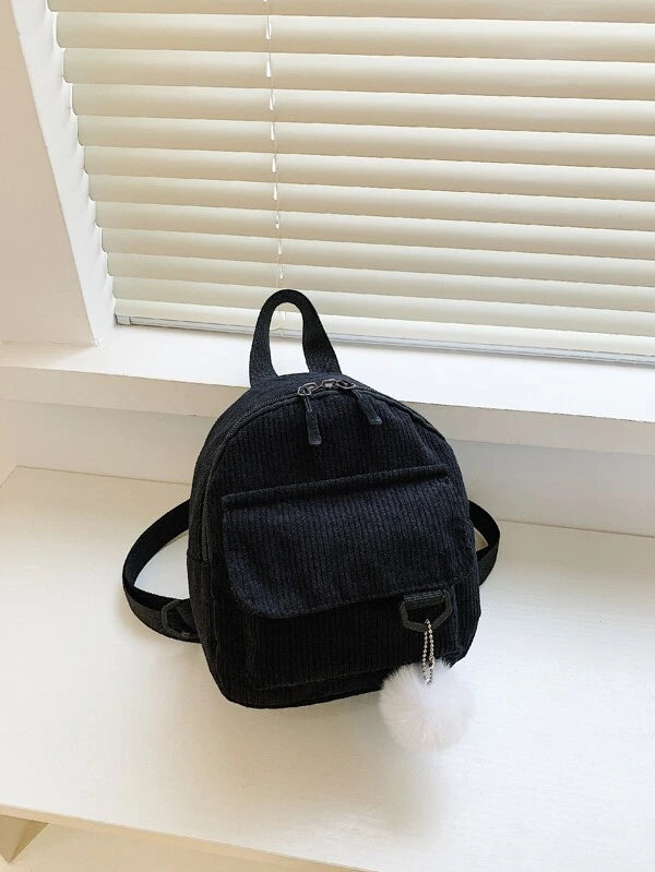 Mini Solid Corduroy Backpack With Bag Charm