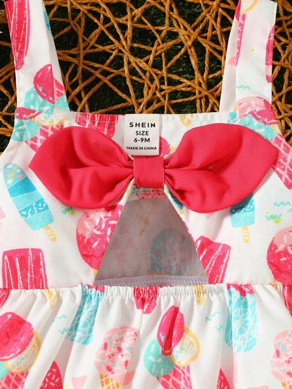 Baby Ice-cream Print Bow Front Cut Out Cami Dress