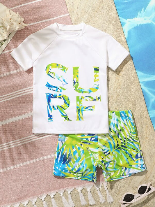 SHEIN Kids SUNSHNE Toddler Boys 1set Random Tropical & Letter Graphic High Neck Beach Swimsuit