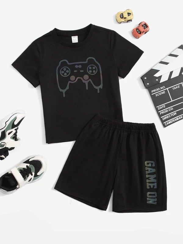 SHEIN Toddler Boys Reflective Game Console Print Tee & Slogan Graphic Track Shorts