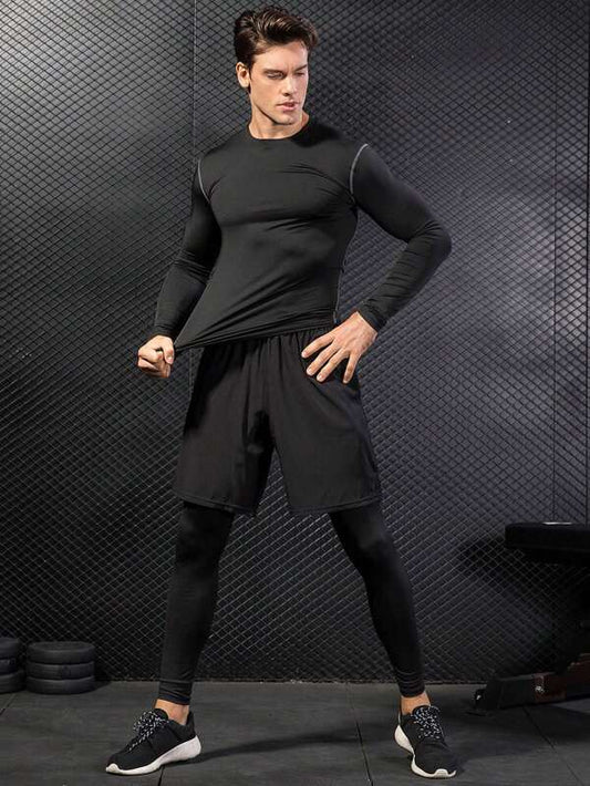 Men Solid Sports Tee With 2 In 1 Sports Tights