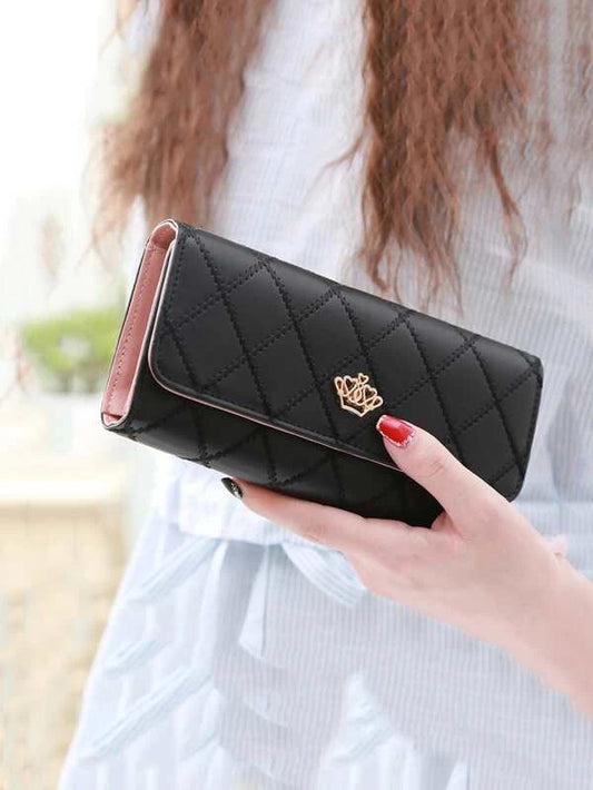 Geometric Embossed Crown Decor Flap Long Wallet Argyle Embroidery Wallet, Women's Folding Long Money Clip, Clutch Bag Classic Small Card Purse