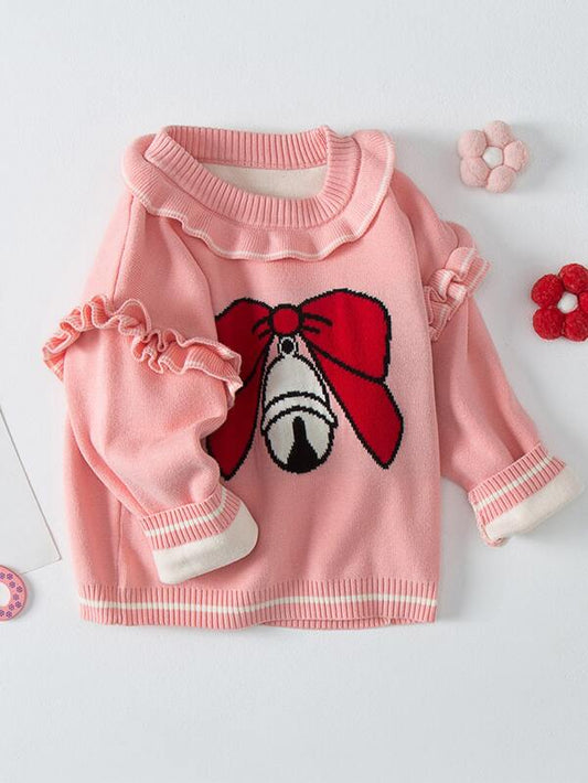 YINGZIFANG Toddler Girls Bow Pattern Ruffle Trim Sweater