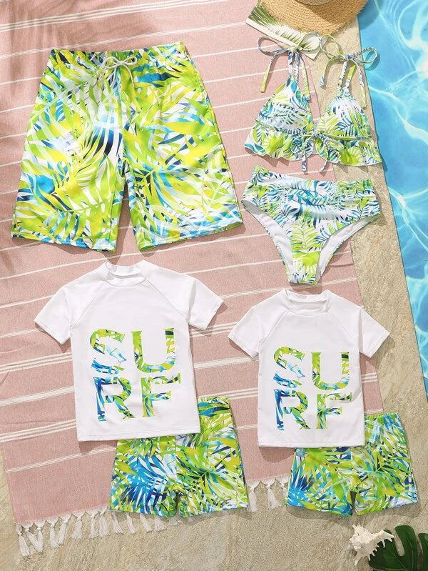 SHEIN Kids SUNSHNE Toddler Boys 1set Random Tropical & Letter Graphic High Neck Beach Swimsuit