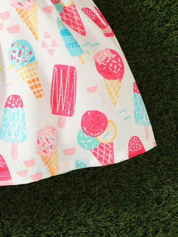 Baby Ice-cream Print Bow Front Cut Out Cami Dress