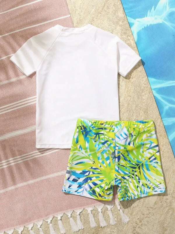 SHEIN Kids SUNSHNE Toddler Boys 1set Random Tropical & Letter Graphic High Neck Beach Swimsuit