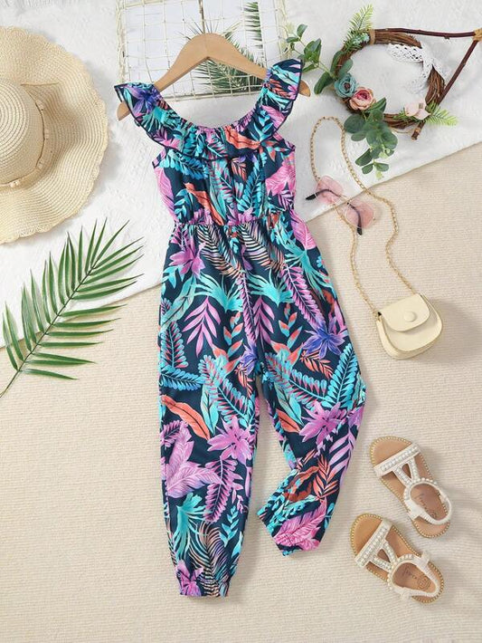 Toddler Girls Tropical Print Ruffle Trim Jumpsuit