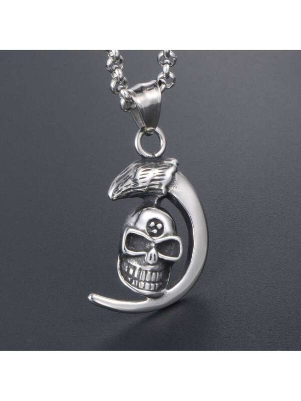 1pc Trendy Moon Skull Stainless Steel Pendant Titanium Steel Necklace, Personalized Street Style Fashion Jewelry For Men And Women