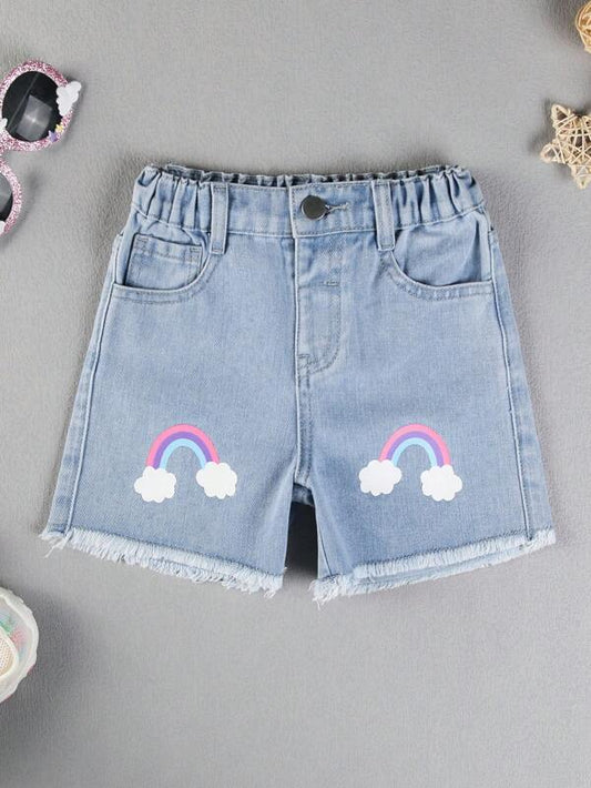 SHEIN Kids SUNSHNE Toddler Girls Rainbow Print Raw Hem Denim Shorts