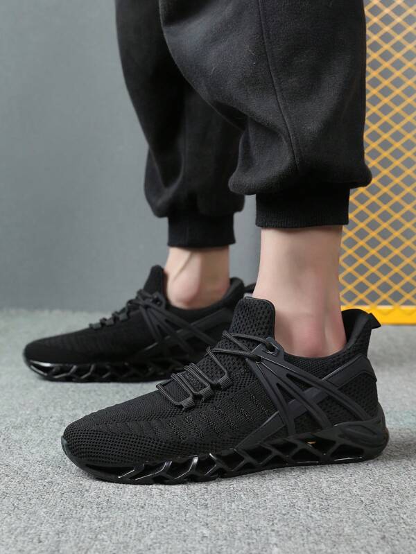 Sporty Black Running Shoes For Men, Patch Decor Lace Up Sneakers