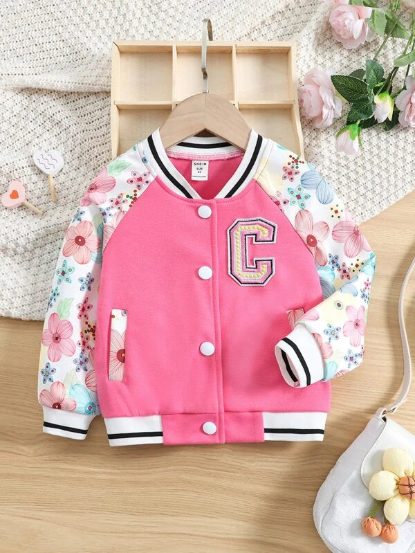 Toddler Girls Floral Print Raglan Sleeve Varsity Jacket